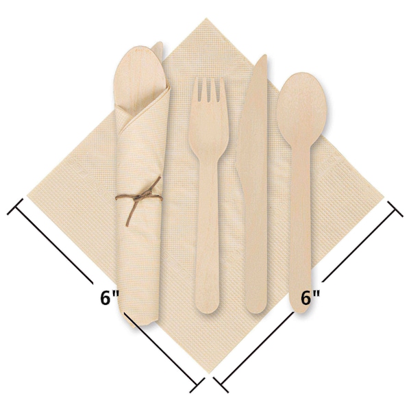 6 X 6 CaterWrap Pre-Rolled Kraft Napkins With Wood Cutlery PK 100